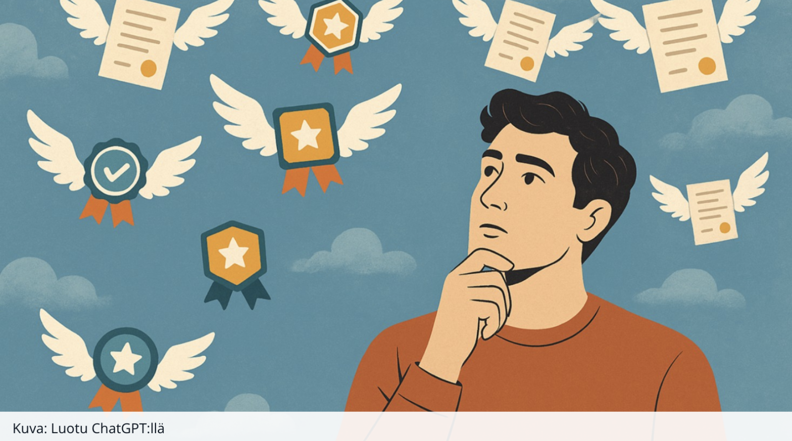 Henkilö pohtii ilmassa leijuvia opintopisteitä