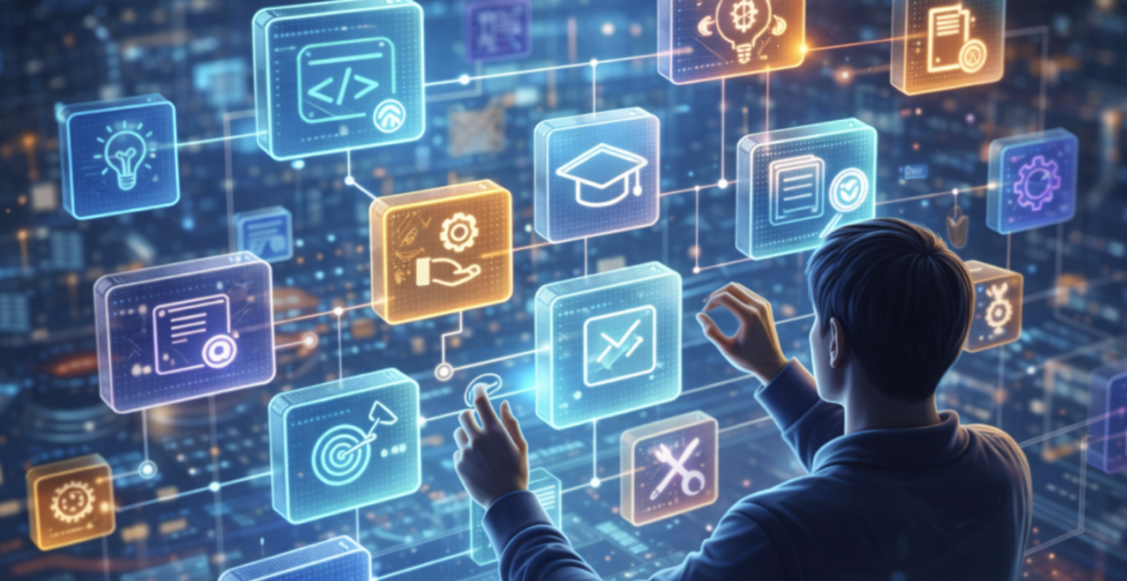 Ihminen järjestelee sähköisiä osaamismerkkejä