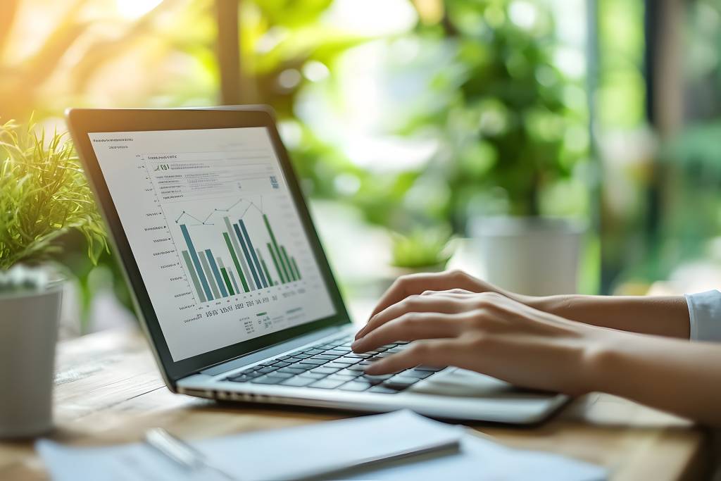 Lähikuva käsistä, jotka kirjoittavat kannettavalla tietokoneella raporttia hiilijalanjäljen pienentämisestä, jossa korostetaan kestävän liiketoiminnan käytäntöjä ja ympäristöraportointia..