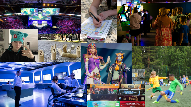 A collage of photos including different game cultural activities (esports, crossword puzzle, arcade machines, a bulbasaur beanie, Mölkky, cosplay, larp, board games, football)