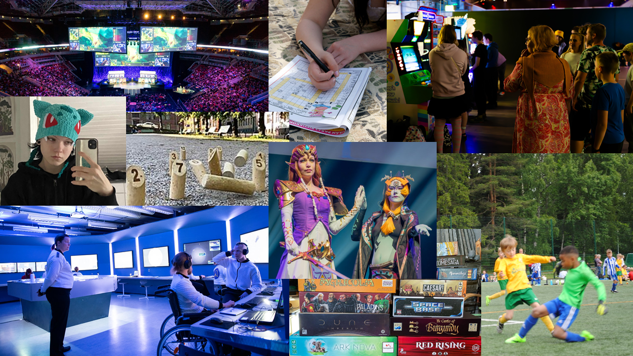 A collage of photos including different game cultural activities (esports, crossword puzzle, arcade machines, a bulbasaur beanie, Mölkky, cosplay, larp, board games, football)