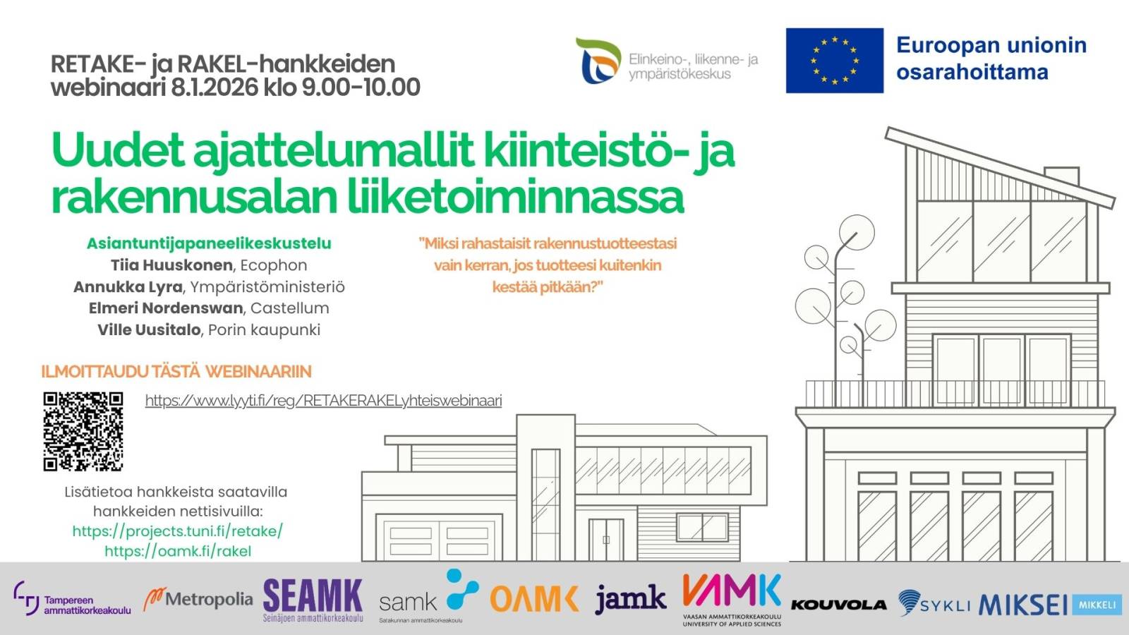 Webinaarin mainos, jossa näkyy webinaarin nimi, puhujat, osatoteuttajat ja ilmoittautumislinkki