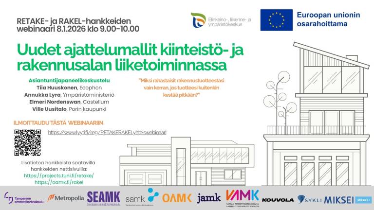 Webinaarin mainos, jossa näkyy webinaarin nimi, puhujat, osatoteuttajat ja ilmoittautumislinkki