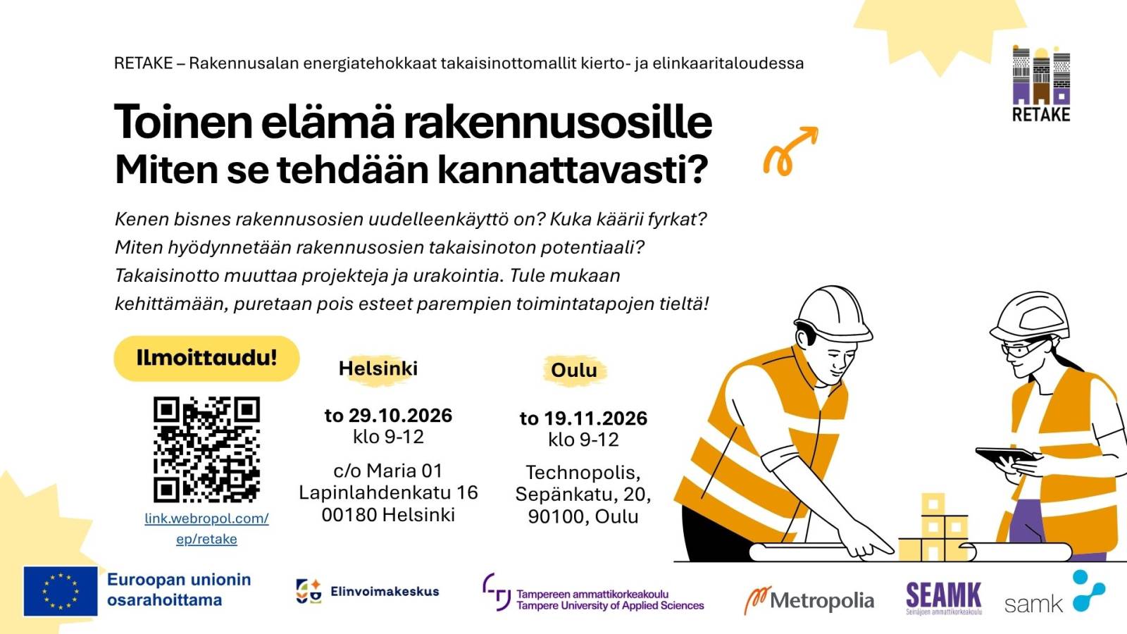 Työpajan mainos. Mainoksessa ilmoitettu työpajojen ajankohdat ja paikat sekä ilmoittautumislinkki