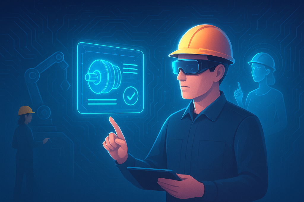 An engineer in a hard hat and safety glasses uses a tablet, pointing at a digital schematic. There are also two similar engineers in both sides