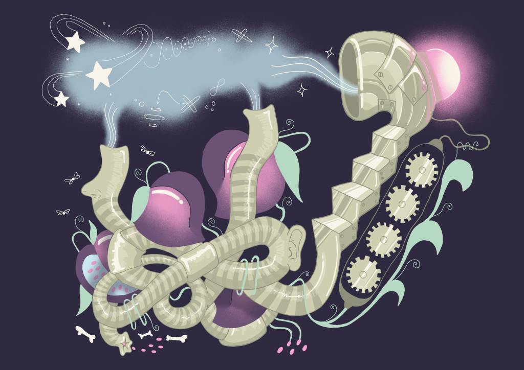 Unenomainen ja fantasiamaailmaan viittaava taiteilijan tekemä kuva, jossa erilaisia osia: Hedelmät (ravinto, uutta kasvavat siemenet) Mato (tuhoaa vanhaa luoden hedelmällistä maaperää uuden kasvulle) Energiapilvi (luonnonilmiöt, bioenergia, kosmista pölyä tai jotain uutta tulevaisuudesta) Kone ja rattaat (ihmisen rakentamat innovaatiot liikkumiseen)