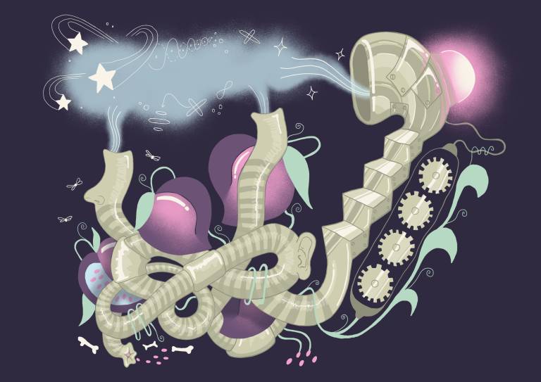 Unenomainen ja fantasiamaailmaan viittaava taiteilijan tekemä kuva, jossa erilaisia osia: Hedelmät (ravinto, uutta kasvavat siemenet) Mato (tuhoaa vanhaa luoden hedelmällistä maaperää uuden kasvulle) Energiapilvi (luonnonilmiöt, bioenergia, kosmista pölyä tai jotain uutta tulevaisuudesta) Kone ja rattaat (ihmisen rakentamat innovaatiot liikkumiseen)