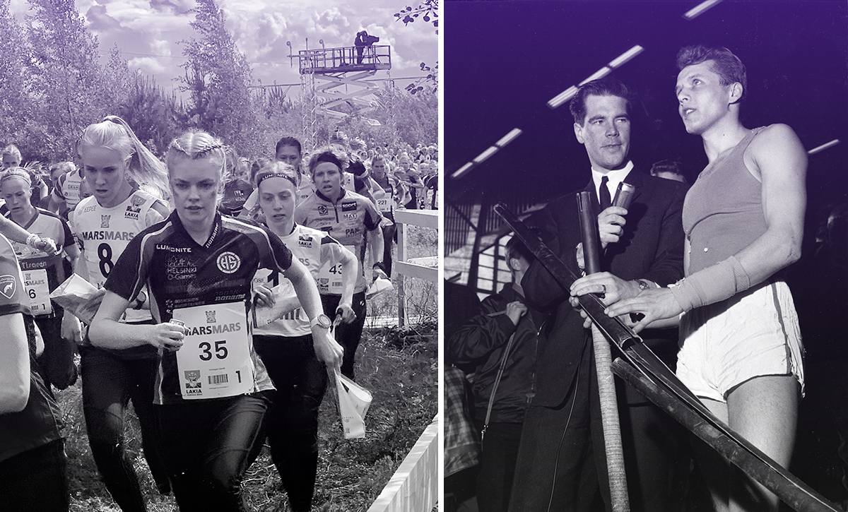 Venlojen viestin lähtö vuonna 2024 / Pentti Nikula Anssi Kukkosen haastateltavana katkennut seiväs kädessään sisähallin SM-kisoissa vuonna 1961.