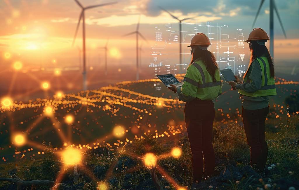 Kaksi turvavarusteisiin pukeutunutta henkilöä katsoo tuulivoimatyömaalle.