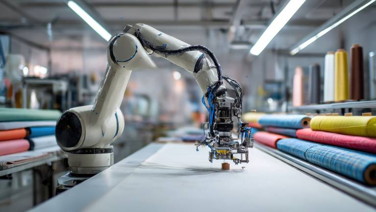 Robottikäsi työskentelee tekstiilitehtaassa.
