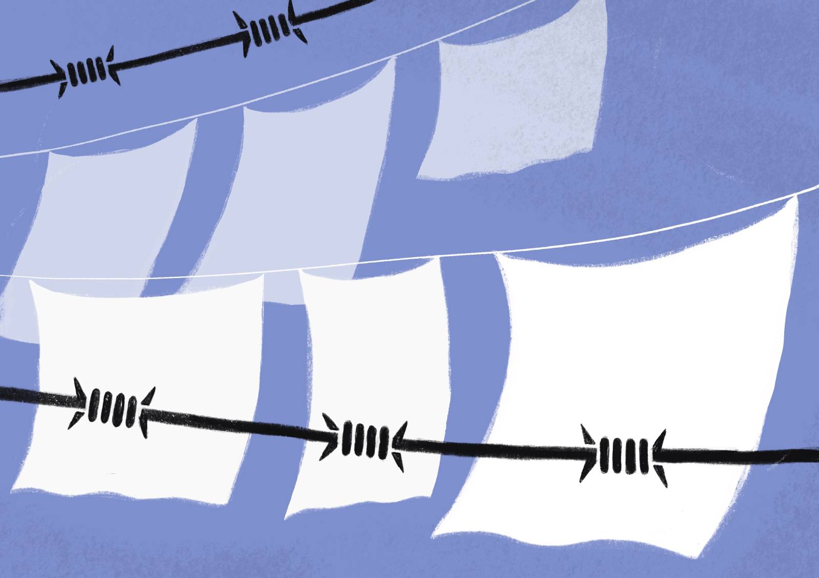 Image of white papers against a blue sky, behind a black barbed wire.