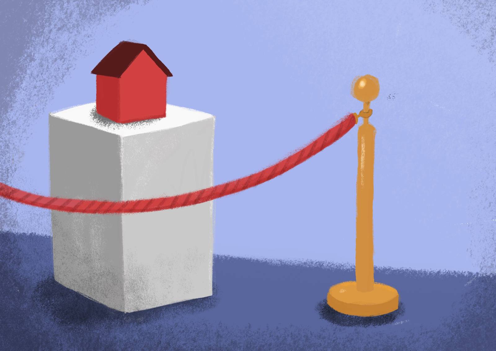 An image of a house displayed in a museum. The red little house sits on a white column behind a red string attached to a golden pole. The background is blue.