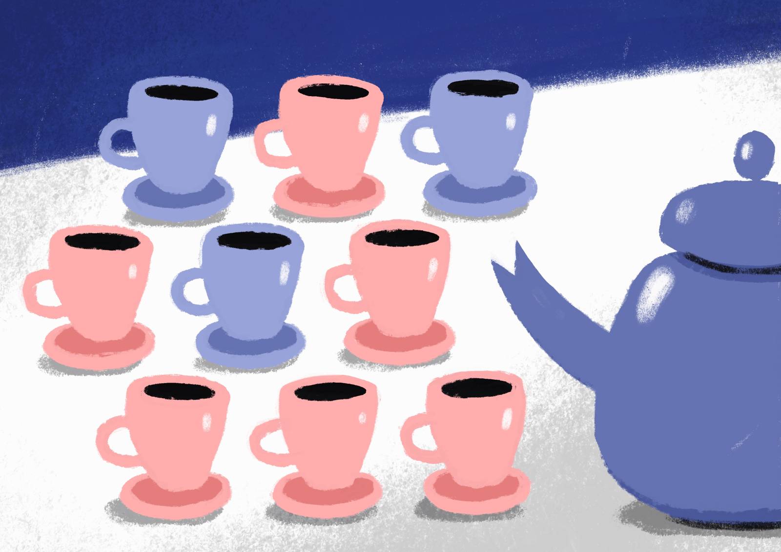Image of blue and red teacups with coffee and a blue teapot sitting on top of a white tablecloth and a blue background.