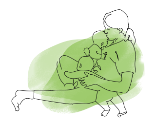 A line drawing of parent sitting on the floor with their children.