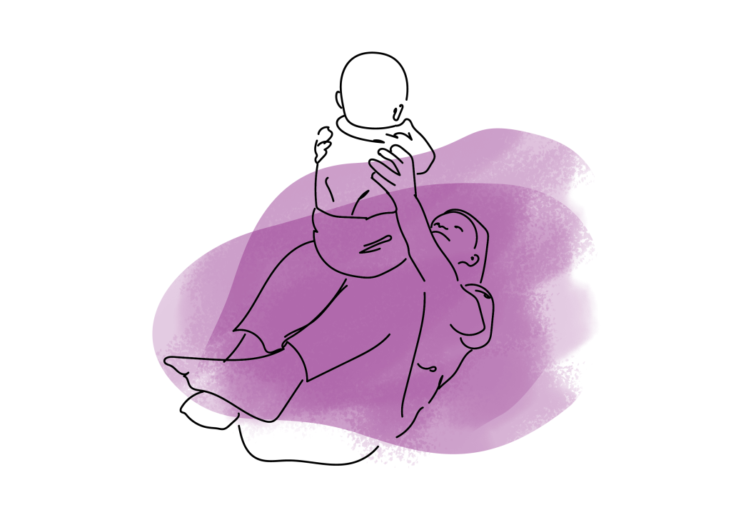 A line drawing of a parent laying on their back and lifting up their child