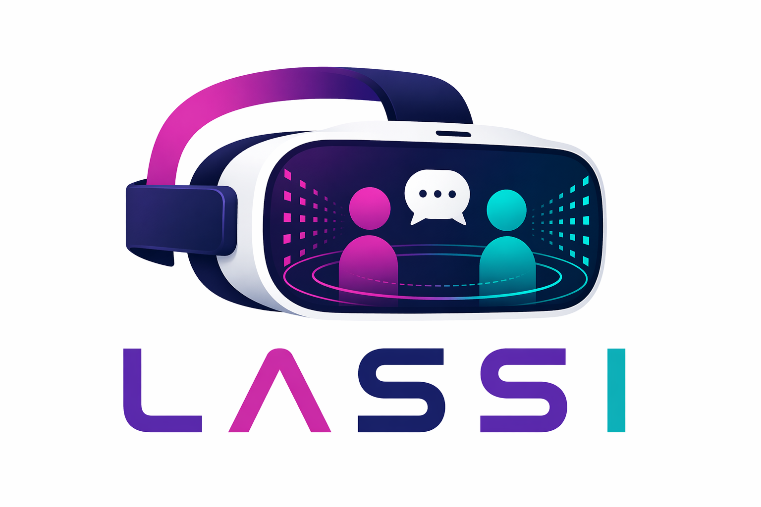 hankkeen logo, jossa lukee hankkeen nimi LASSI, sekä kuva, jossa VR-laseissa kaksi henkilöä keskustelee
