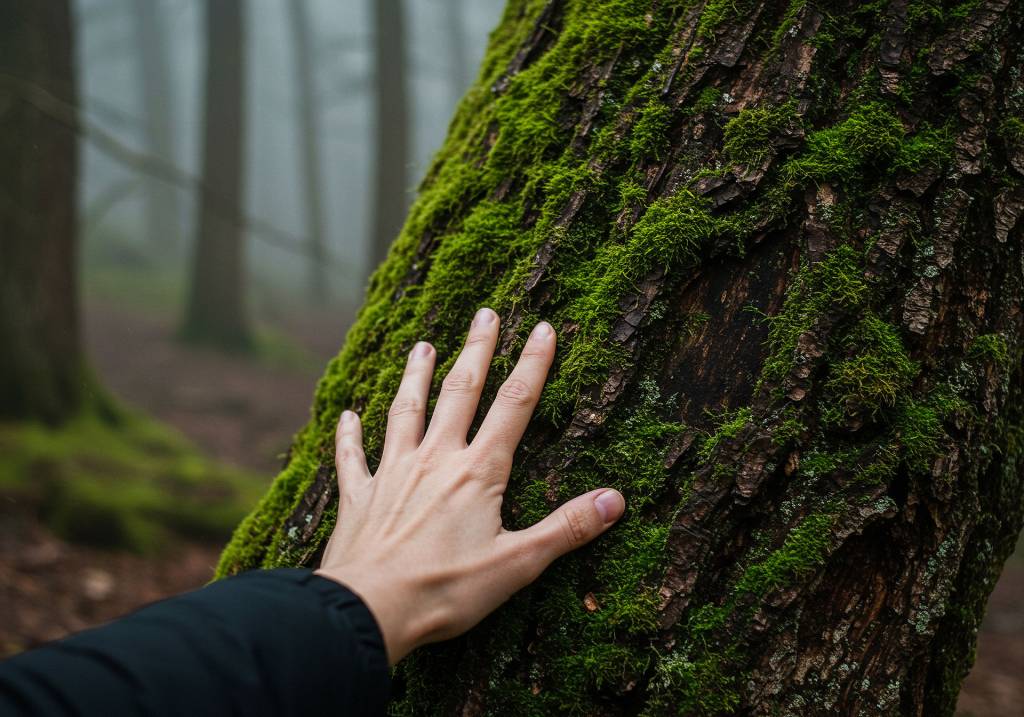 Kuvassa ihmisen käsi sammaleista puunrunkoa vasten