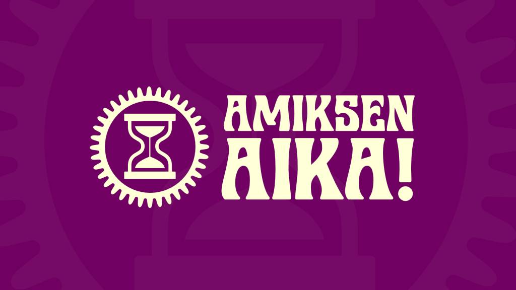 A banner for Amiksen aika! -logo. Includes a text of "Amiksen aika" and an hour glass in a purple background.