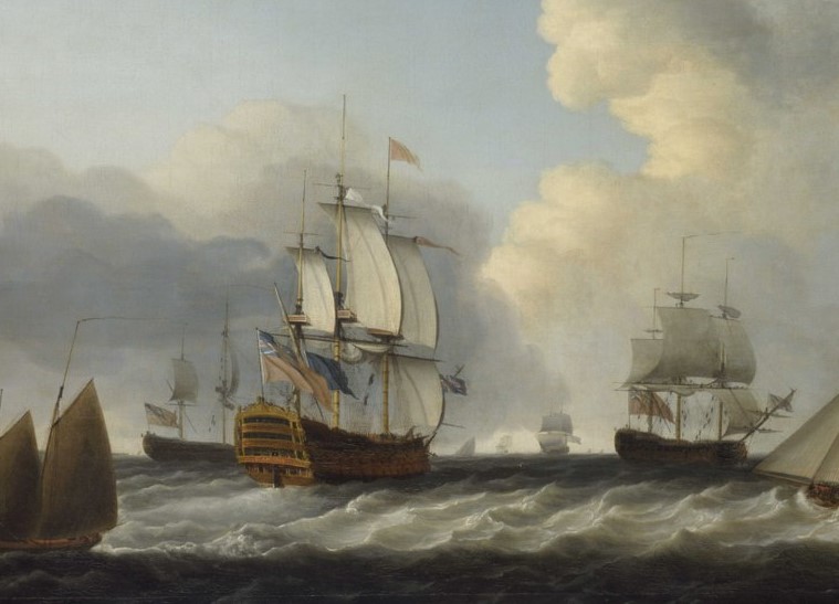 Detail of a painting of an 18th-century British ship. Dominic Serres 1787: The 'St George' with Other Vessels, Public domain, via Wikimedia Commons.