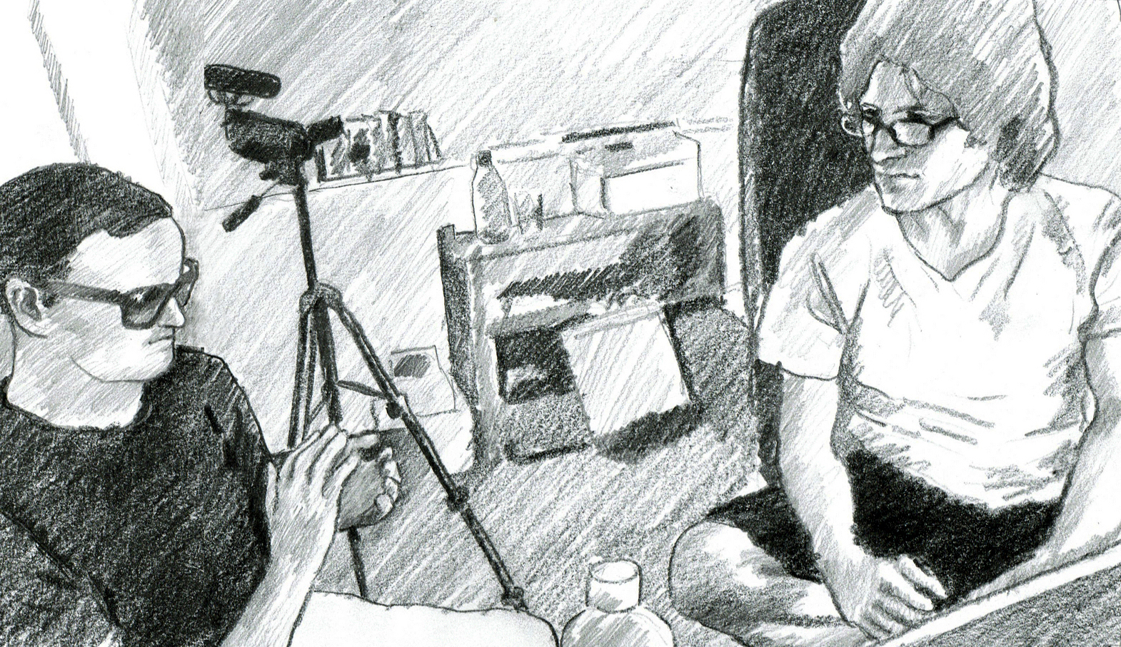 A black-and-white drawing that illustrates an authentic situation of the data collection process for the Mutable corpus. The picture shows two men that are part of a blind-sighted team. The team is drafting an audio description.