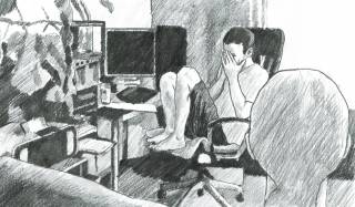 A black-and-white drawing that illustrates an authentic situation of the data collection process for the Mutable corpus. The picture shows two persons that are part of a blind-sighted team. One person is sitting on a chair, in front of a computer and holding hands on their face. The other person is pictured from behind and only their back of the head is shown in the picture.