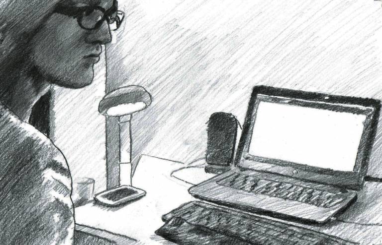 A black-and-white drawing that illustrates an authentic situation of the data collection process for the Mutable corpus. The picture shows a person who is part of a blind-sighted team sitting in front of a laptop. The person is wearing glasses and only part of their face is shown in the picture. Their face is pictured from their right side.