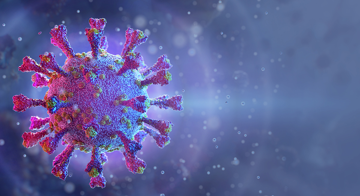 Tyylitelty kuva violetinsävyisestä koronaviruksesta abstraktilla taustalla.