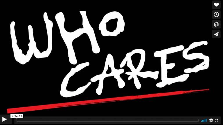 Mustalla taustalla valkoinen teksti Who Cares?