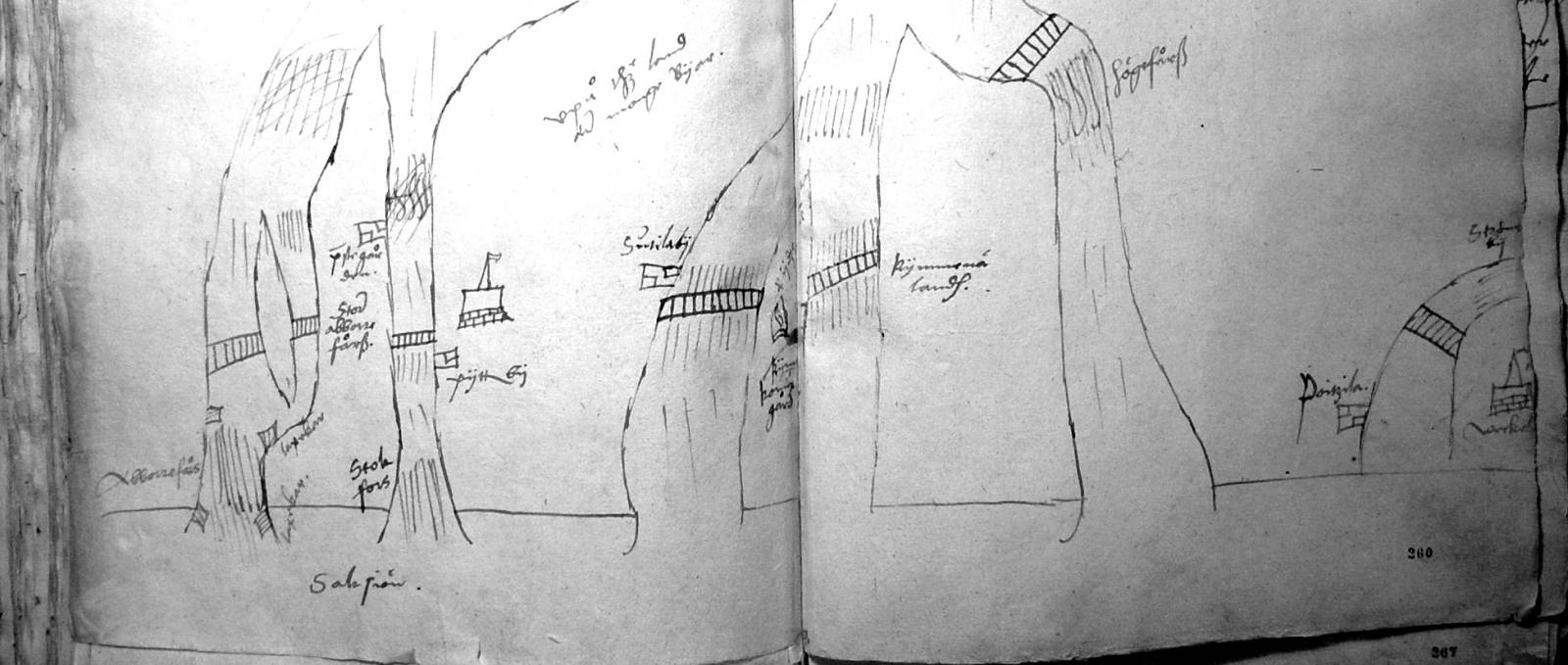 Jaakko Teitin piirros Suuren Rantatien silloista Kymijoen haaroissa 1555.