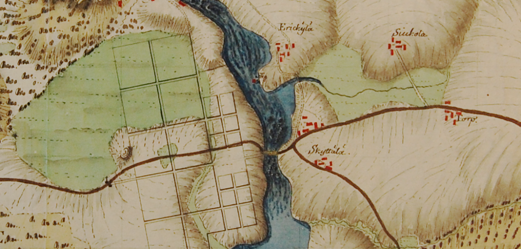 Tampere area and public roads in the town plan map of 1781. The area of Tammerkoski manor and the former medieval village west from the bridge and south of the road is not shown on the map.