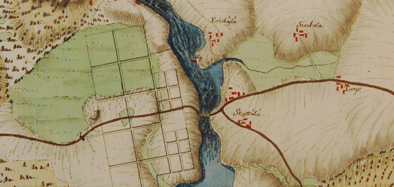 Tampereen asemakaava ja sitä edeltäneet maantiet vuonna 1781. Sillan länsipuolella ollutta Tammerkosken kartanoa ja sen kohdalla maantien eteläpuolella sijainnutta kylän keskiaikaista tonttimaata ei ole merkitty karttaan.