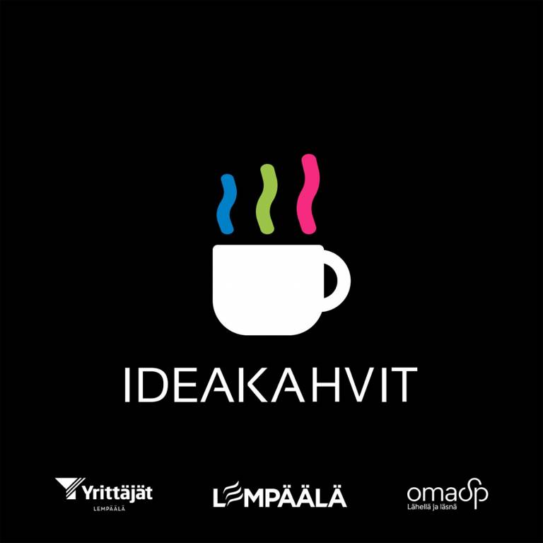 Ideakahvit Podcastin logo, jossa kahvikuppi sekä maininnat Yrittäjät Lempäälä, Lempääjä ja OmaSP