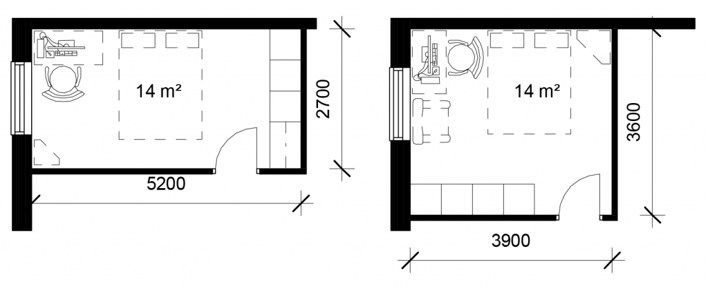 Kaksi 14 neliömetrin makuuhuoneen pohjapiirrosta erilaisilla mittasuhteilla.