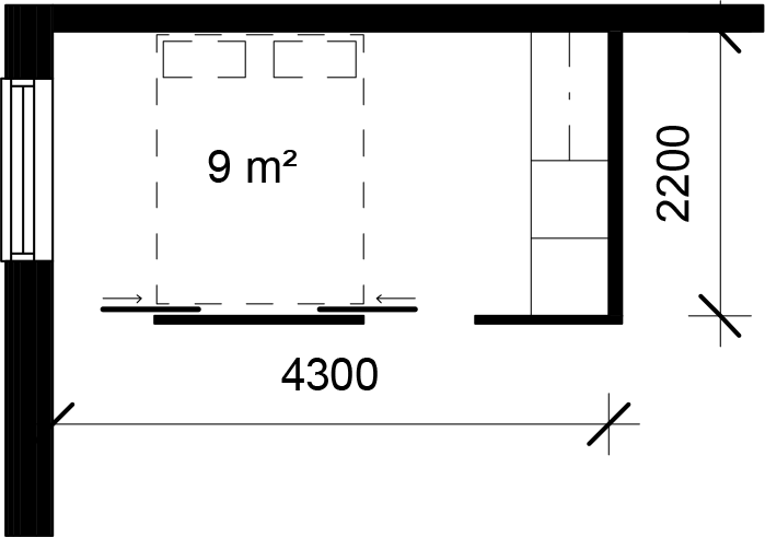 Minimimitoitetun grynderimakuuhuoneen pohjapiirros. Tilan mitat ovat 4300 kertaa 2200 millimetriä ja sen pinta-ala on 9 neliömetriä.