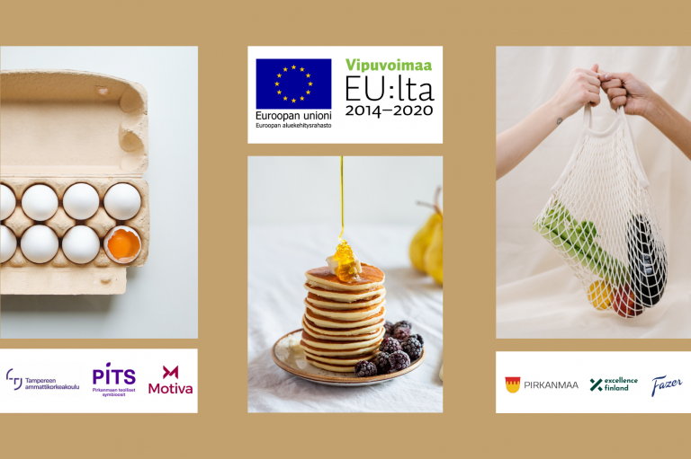 Elintarviketyöpajan mainoskuva, jossa kolme kuvaa. Ensimmäisessä kuvassa kennollinen kananmunia, toisessa pannukakkuja marjoissa ja siirapilla ja kolmannessa kestokassissa vihanneksia.