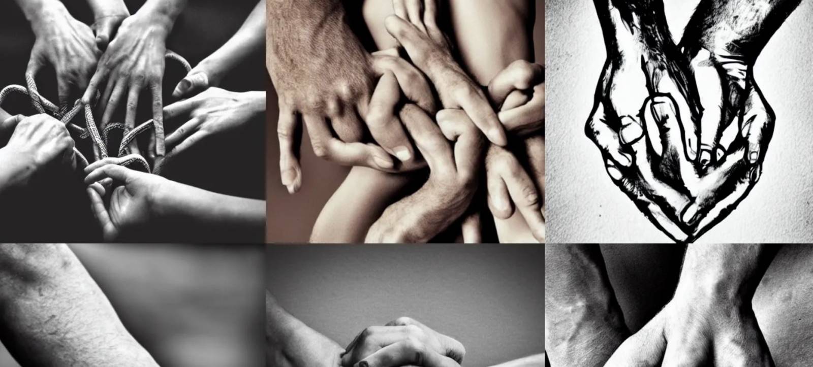 An AI produced image of non-normative shape of hands and fingers entangled with one another. A collage of several pictures.