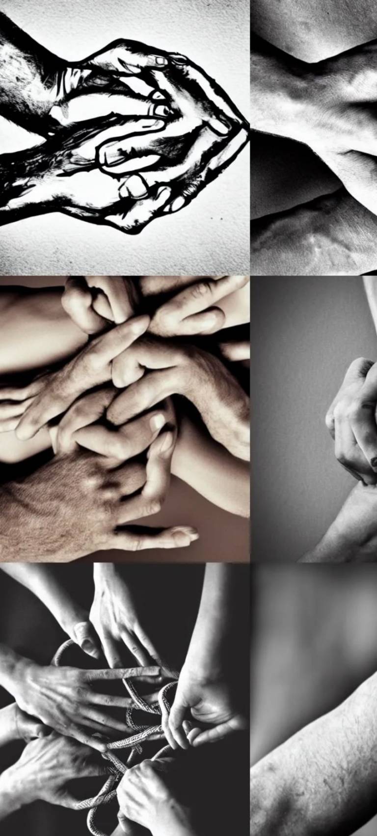An AI produced image of non-normative shape of hands and fingers entangled with one another. A collage of several pictures.
