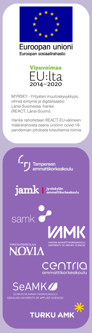 Suorakaiteen muotoinen kuva, jossa ylhäällä Euroopan unionin tähtilippu ja Vipuvoimaa EU:lta 2014-2020 logo. Tämän alla violetilla taustalla 8 ammattikorkeakoulu logot: TAMK, JAMK, SAMK, VAMK, Novia, Centria, SeAMK ja Turku AMK.