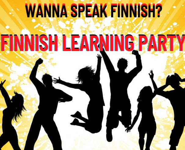 Shadows of dancing people. Text: Wanna speak Finnish? Finnish Learning party.