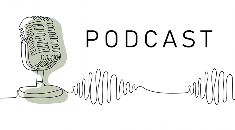 Piirros mikrofonista ja ääniaalloista, teksti podcast.
