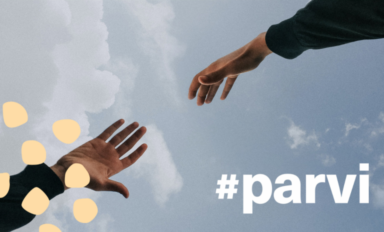 Kuvituskuva, jossa kädet kohtaavat ja teksti: #parvi.