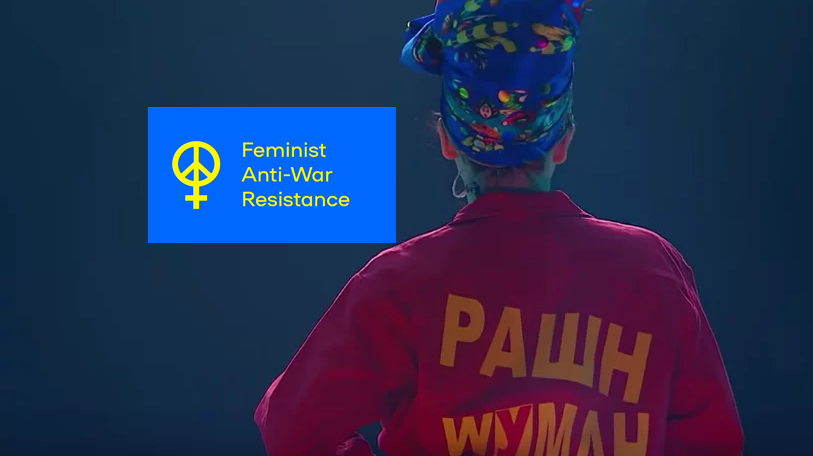 Eurovision Manizha photo & Feminist Antiwar Resistance logo mixed