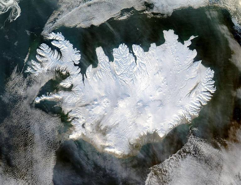 Image of Iceland, from the NASA Visible Earth image gallery. Jeff Schmaltz, Public domain, via Wikimedia Commons https://commons.wikimedia.org/wiki/File:Iceland_satellite.jpg