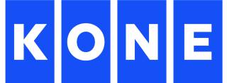 Logo of KONE company with K O N E in white letters on blue rectangle background