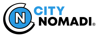 Logo of City Nomadi company; City in blue and Nomadi in back color with N separately in a circle.