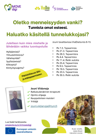 Oletko menneisyyden vanki? Tunnista omat esteesi. Haluatko käsitellä tunnelukkojasi? Jutellaan kuin mies miehelle ja lähdetään vaikka luontopolulle. Jouni tavattavissa ViaDialla perjantaisin klo 8-15 