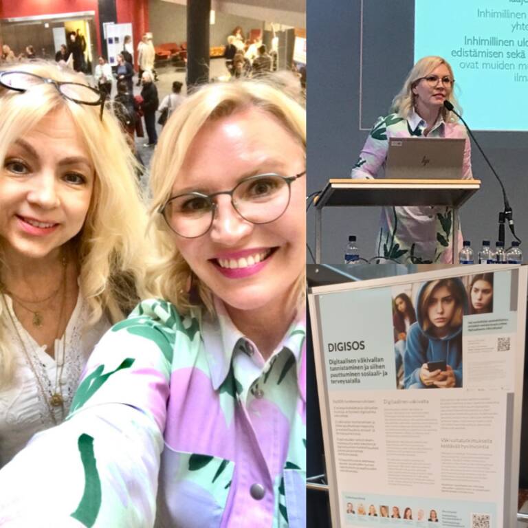 Kolmen kuvan kollaasi, joka sisältää Marita Husson ja Johanna Linner Matikan selfie-kuvan, kuvan Linner Matikasta luennoimassa ja kuvan DigiSOS-hankkeen posterista.