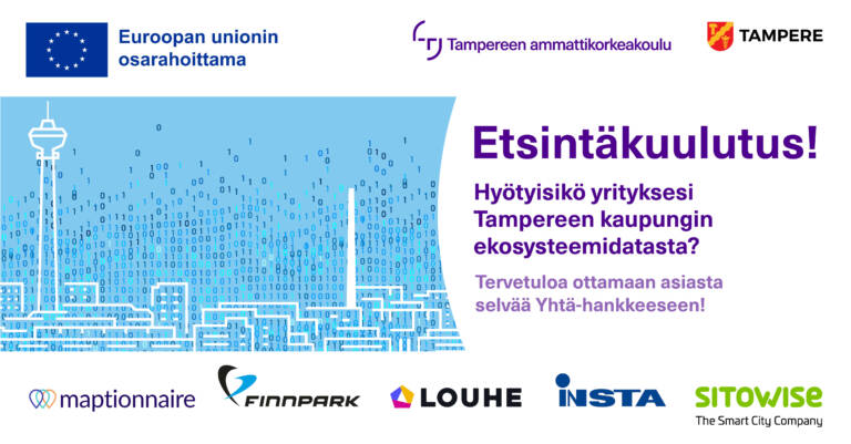 Etsintäkuulutusteksti Tampereen kaupungin profiilikuvalla, mukana yritysten logot.