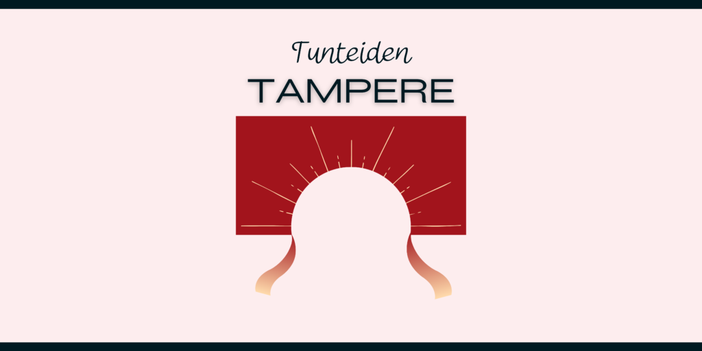 Tampereen Hämeensiltaa ja Tammerkoskea mukaileva piirroskuva, jota koristavat auringonsäteet. Piirroskuvan yläpuolella lukee Tunteiden Tampere.