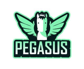 Logo, jossa on pelkistetyllä tyylillä oleva siivekäs hevonen Pegasus-tekstin yläpuolella.